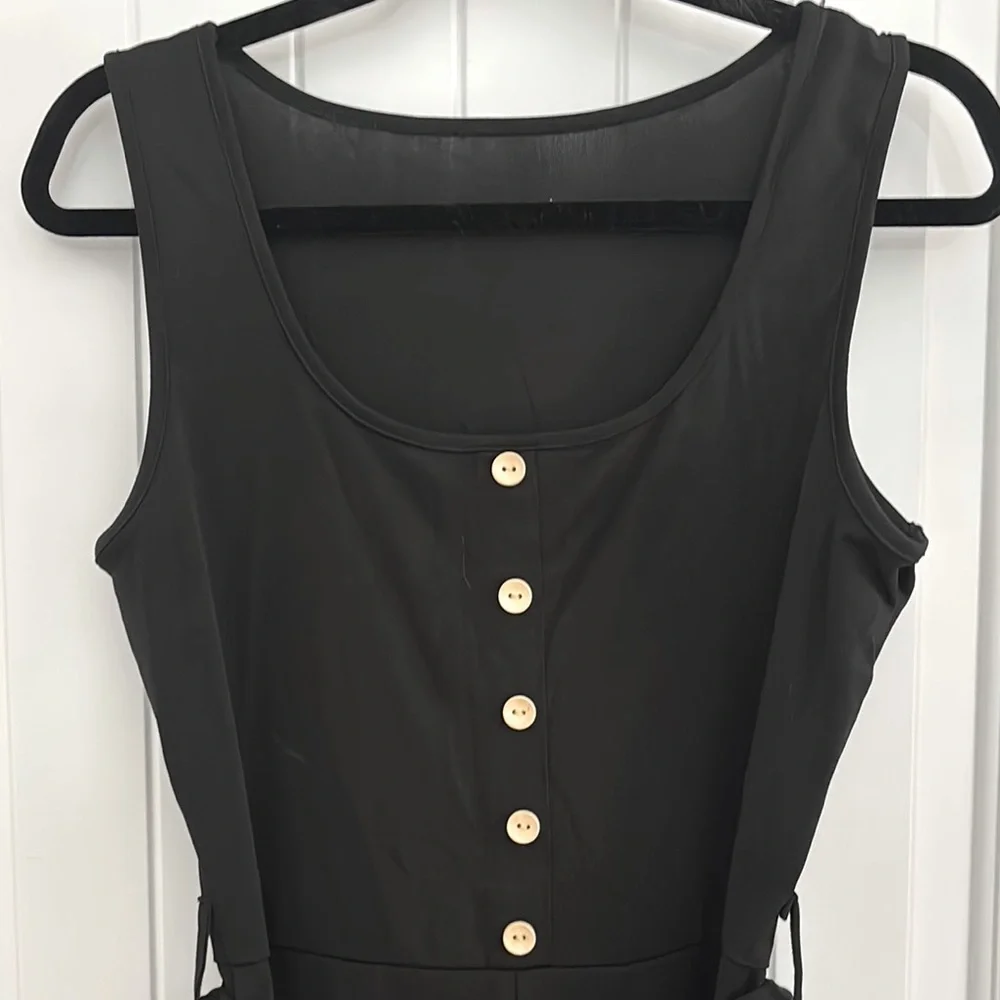 Black Sleeveless Button Front Belted Tie Waist Jumpsuit | Small - Picture 6 of 10